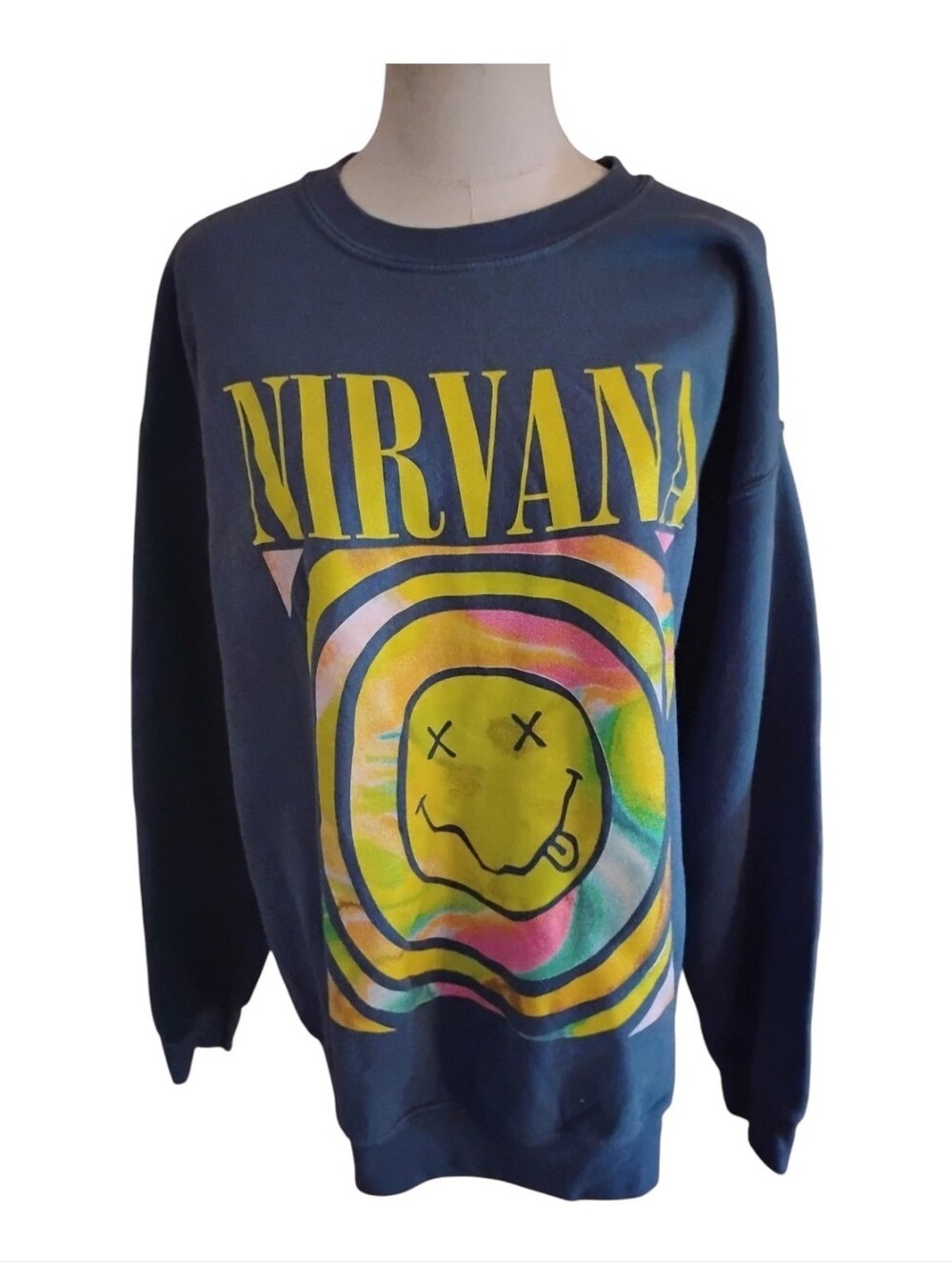 Gildan Y2K 90's Rock Festival Nirvana Blue Graphic Smiley Sweatshirt Size Large